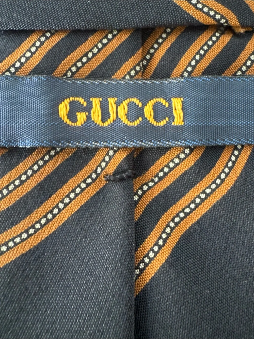 Vintage Gucci Mens Tie 100% Silk Made In Italy Classic Luxury GG Navy Blue Gold